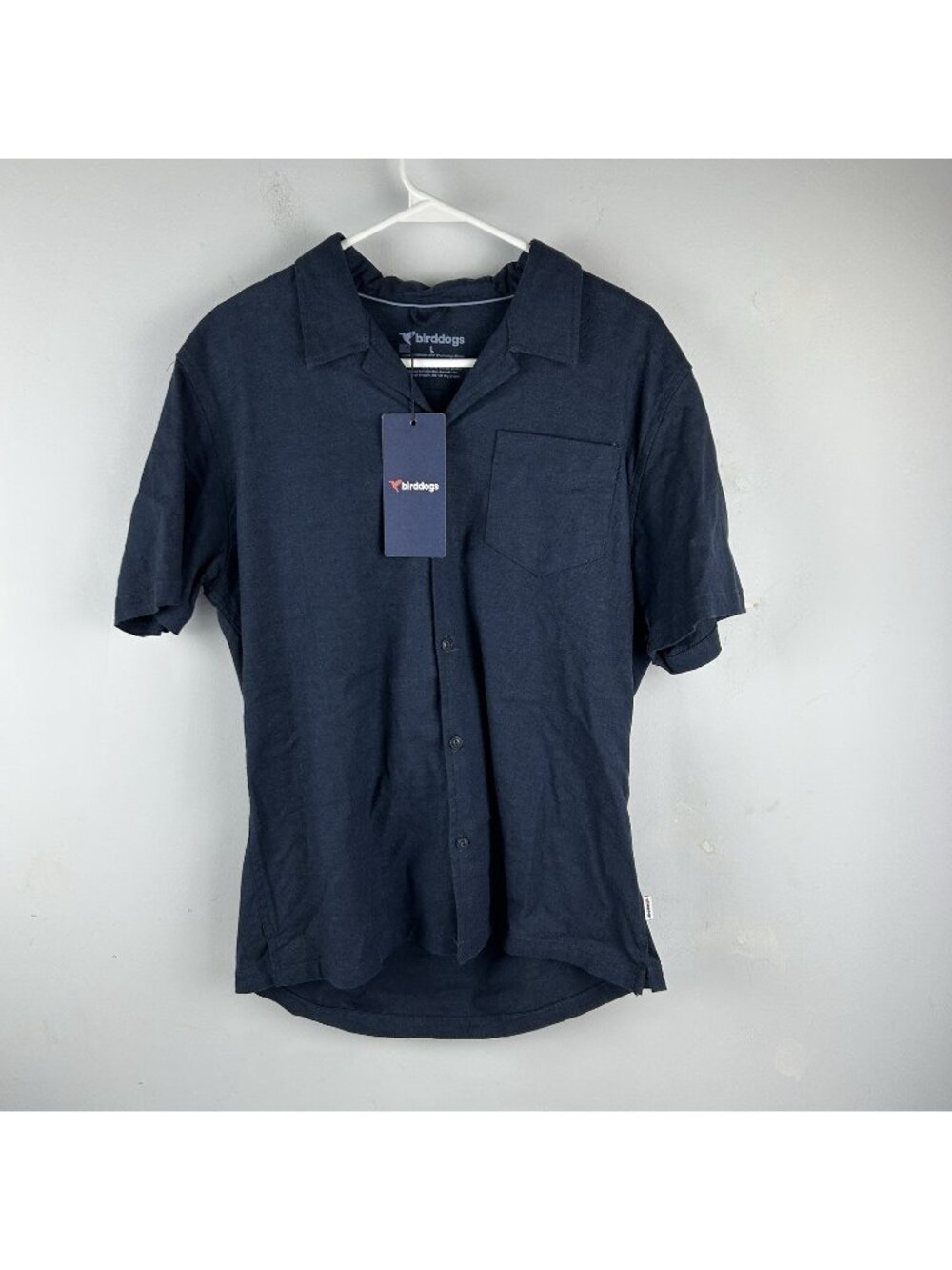 Birddogs Tech Linen Shirt L Short Sleeve Button Up Total Eclipse Navy $99